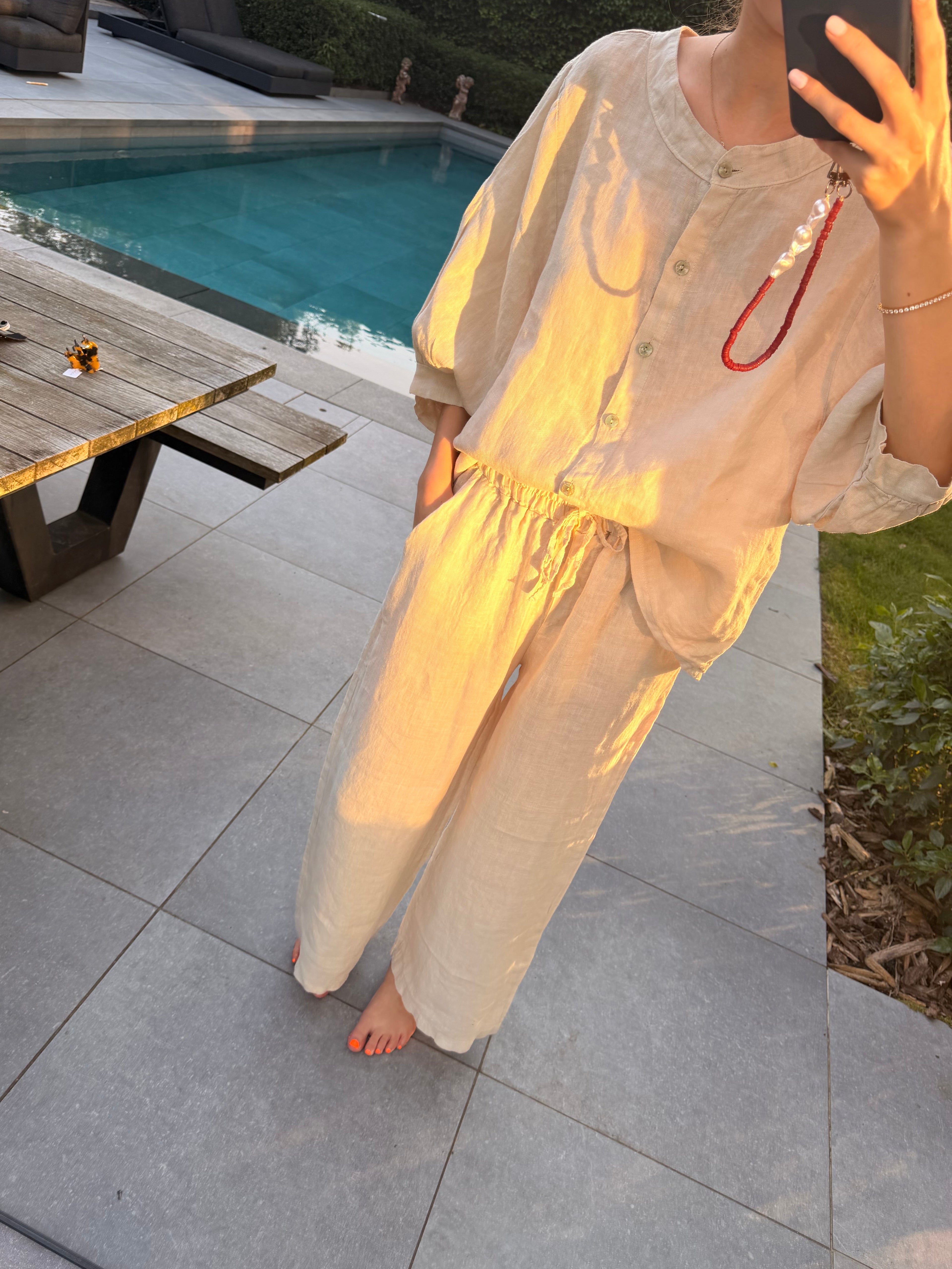 Linnen beige set: broek en bloes