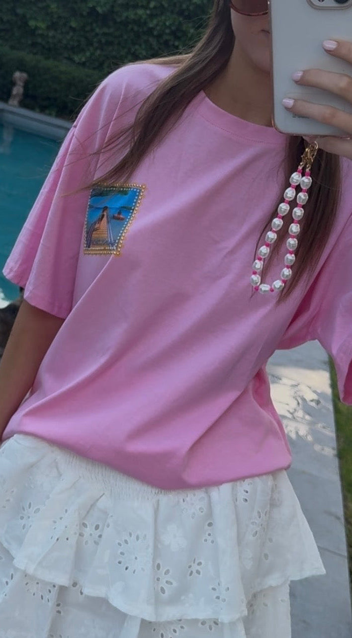 Telefoonkoord witte parels + roze parels