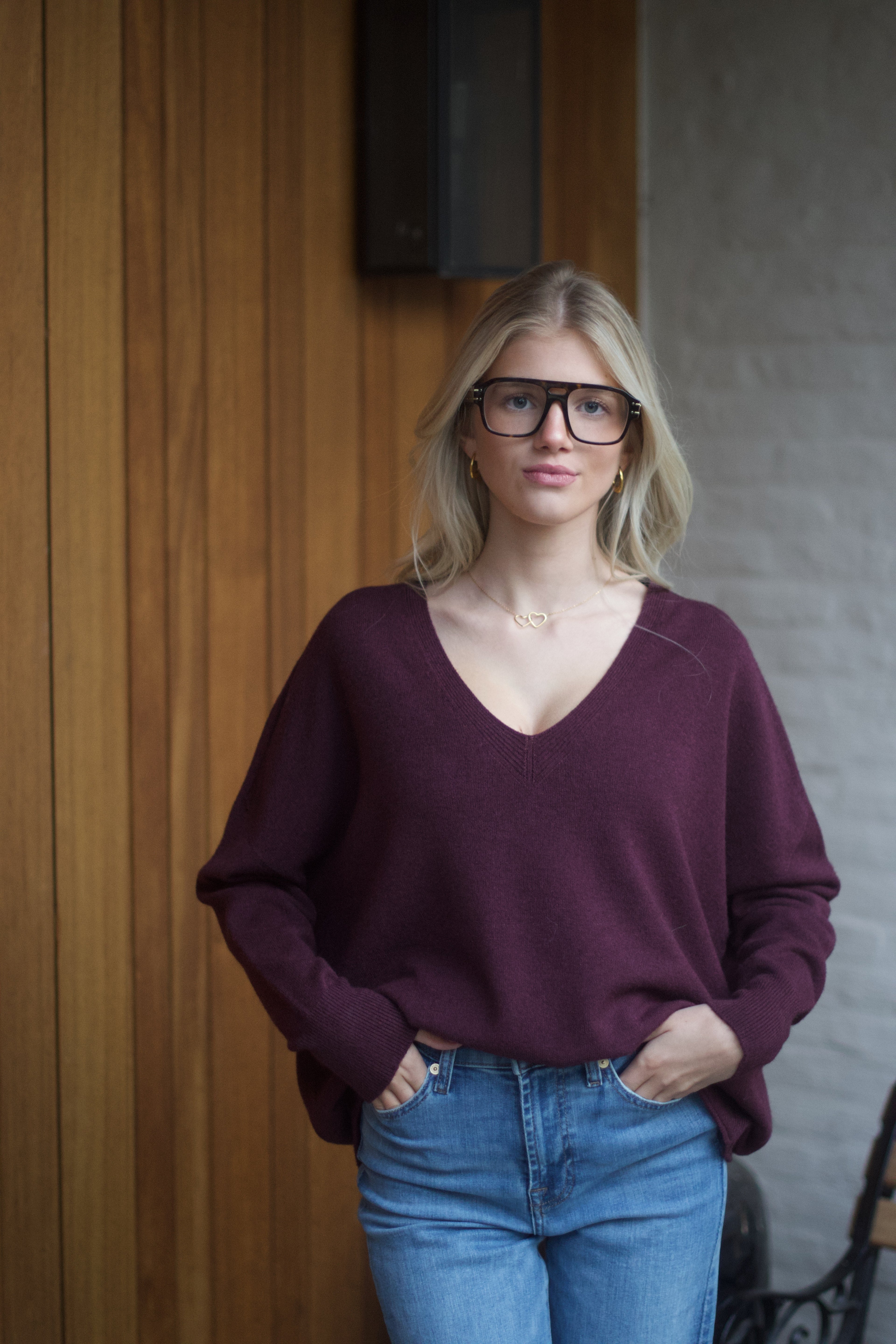 Bordeaux trui met v-hals